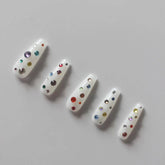 Vibeficant Progel White Handmade Gel Press on Nails Medium Coffin Colorful Rhinestone Design